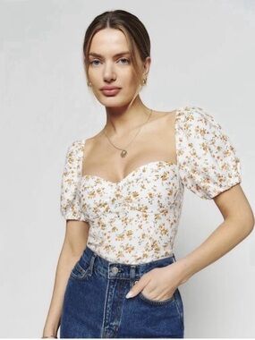 Reformation Andra Linen Top in Adagio Floral.Puff Sleeves. Zipper Closure.Sz 4